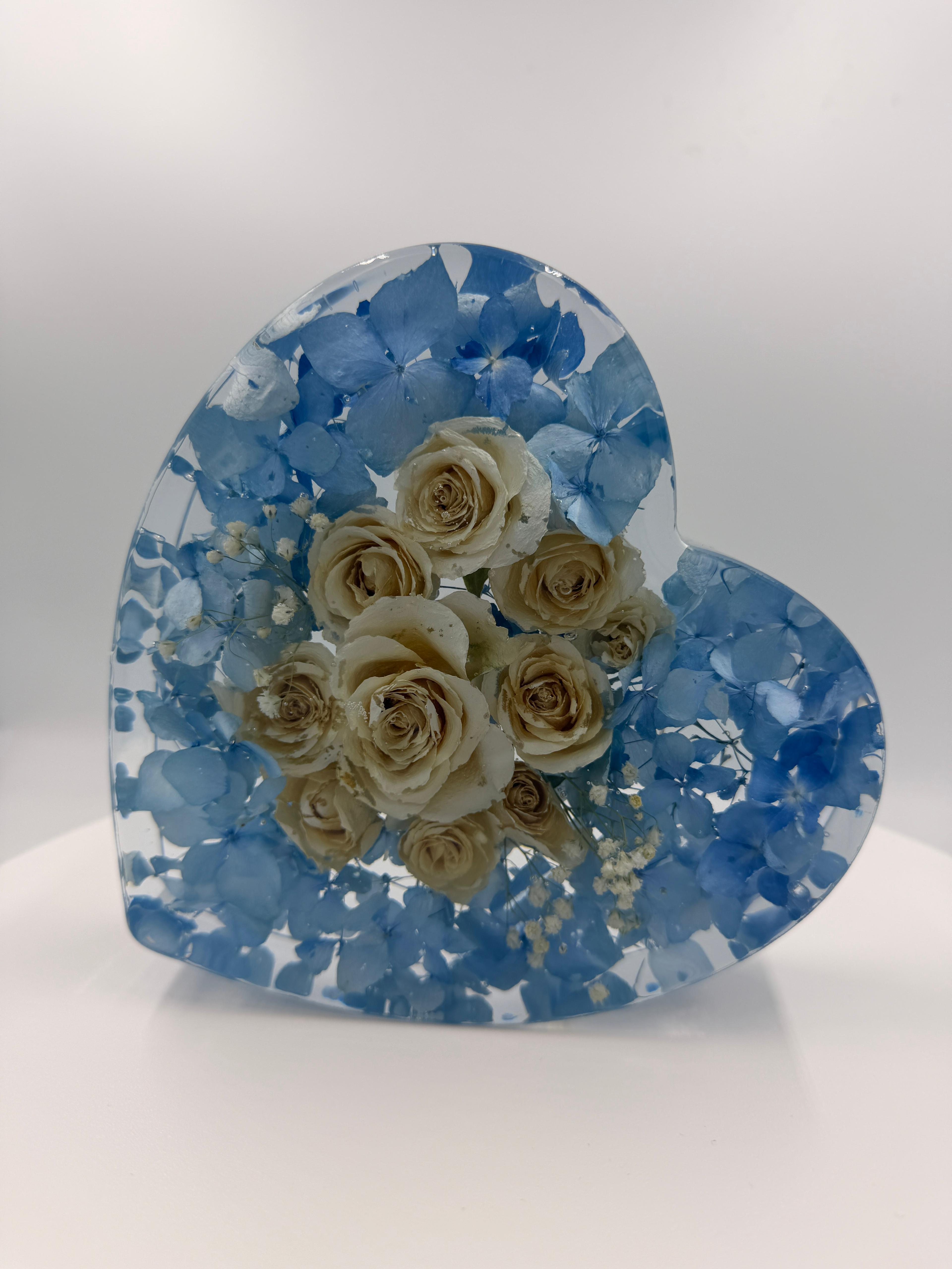 Resin keepsake made from preserved wedding flowers